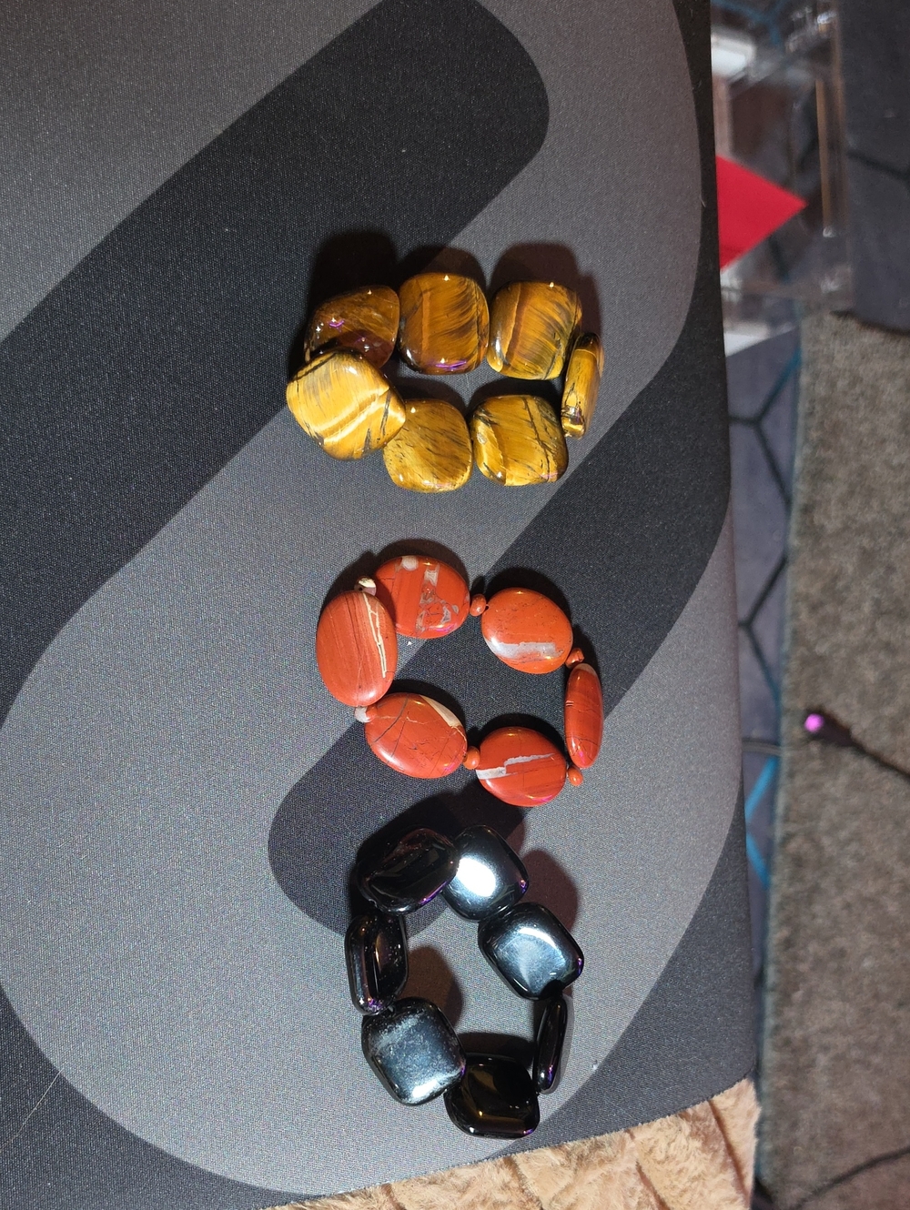 Set of Three Women's Stretch Stone Bracelets - Tigerseye, Amber, Onyx